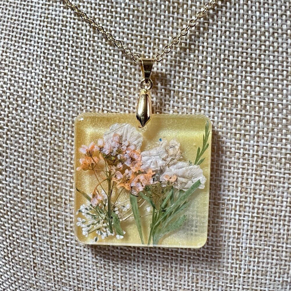 Dried Flower Square Pendant Necklace Orange White Flower 20"  Chain Artisan Made